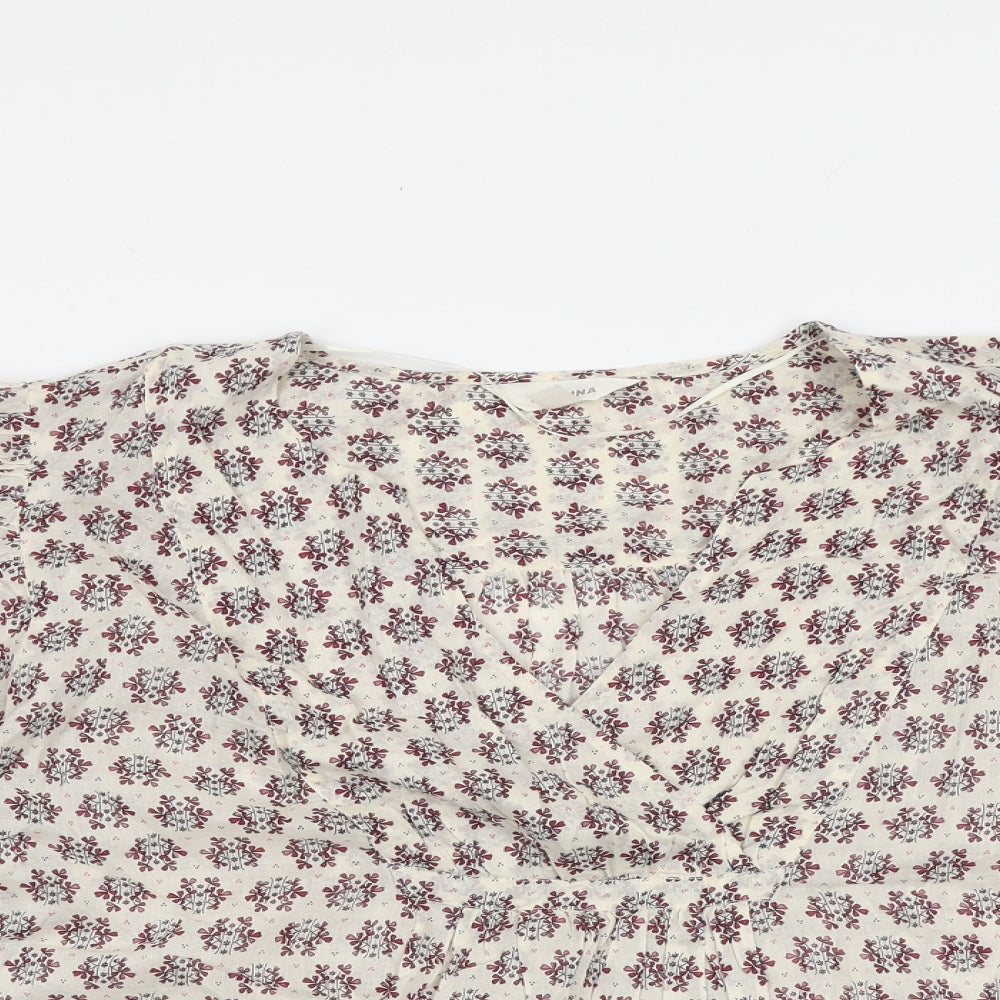 Marks and Spencer Womens Beige Geometric 100% Cotton Basic Blouse Size L Square Neck