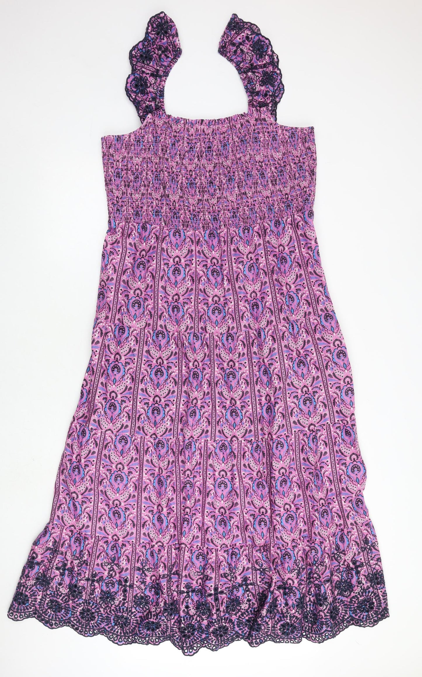 Marks and Spencer Womens Purple Geometric 100% Cotton Maxi Size 18 Square Neck Pullover
