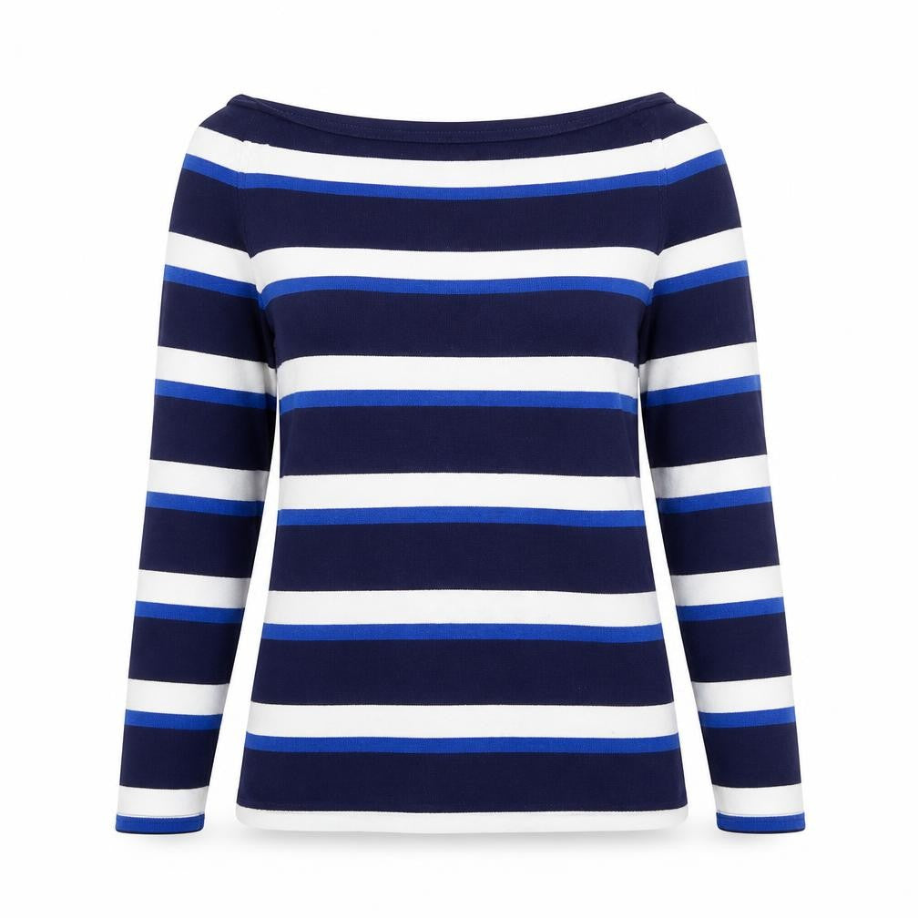 Front view of H&M women’s blue boat neck striped viscose jumper, size S