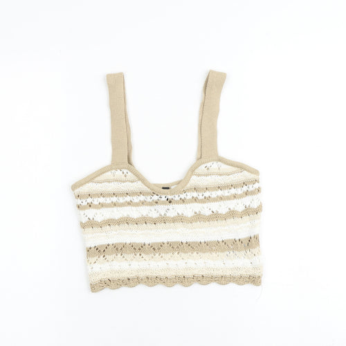 H&M Womens Beige Striped Cotton Cropped Tank Size S Square Neck