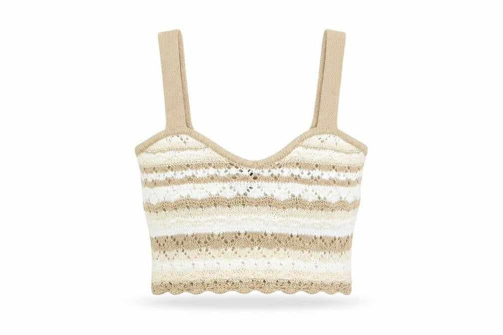 Front view of H&M women’s beige striped cotton cropped tank, size S, square neck