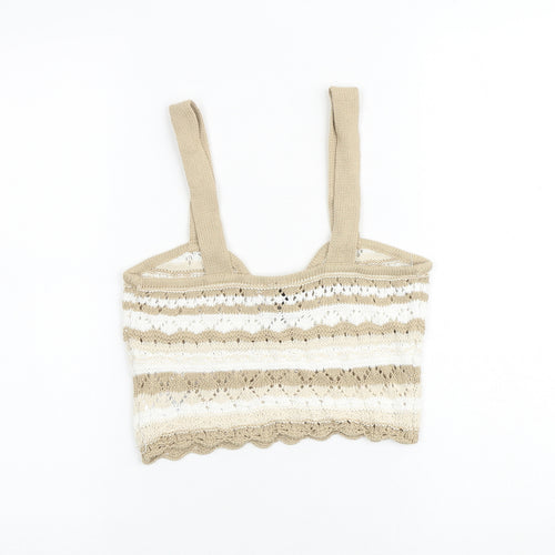 H&M Womens Beige Striped Cotton Cropped Tank Size S Square Neck