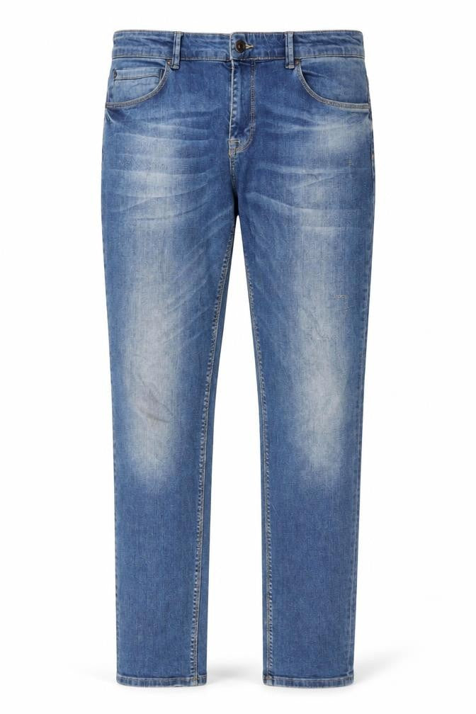 Front view of Devred men’s blue cotton straight jeans, size 36, in, 33-inch leg slim button