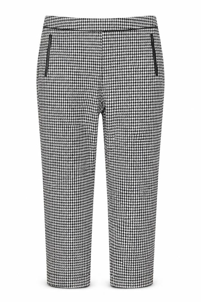 Front view of Oasis women’s black geometric polyester chino trousers, size UK 16, 24-inch leg regular zip