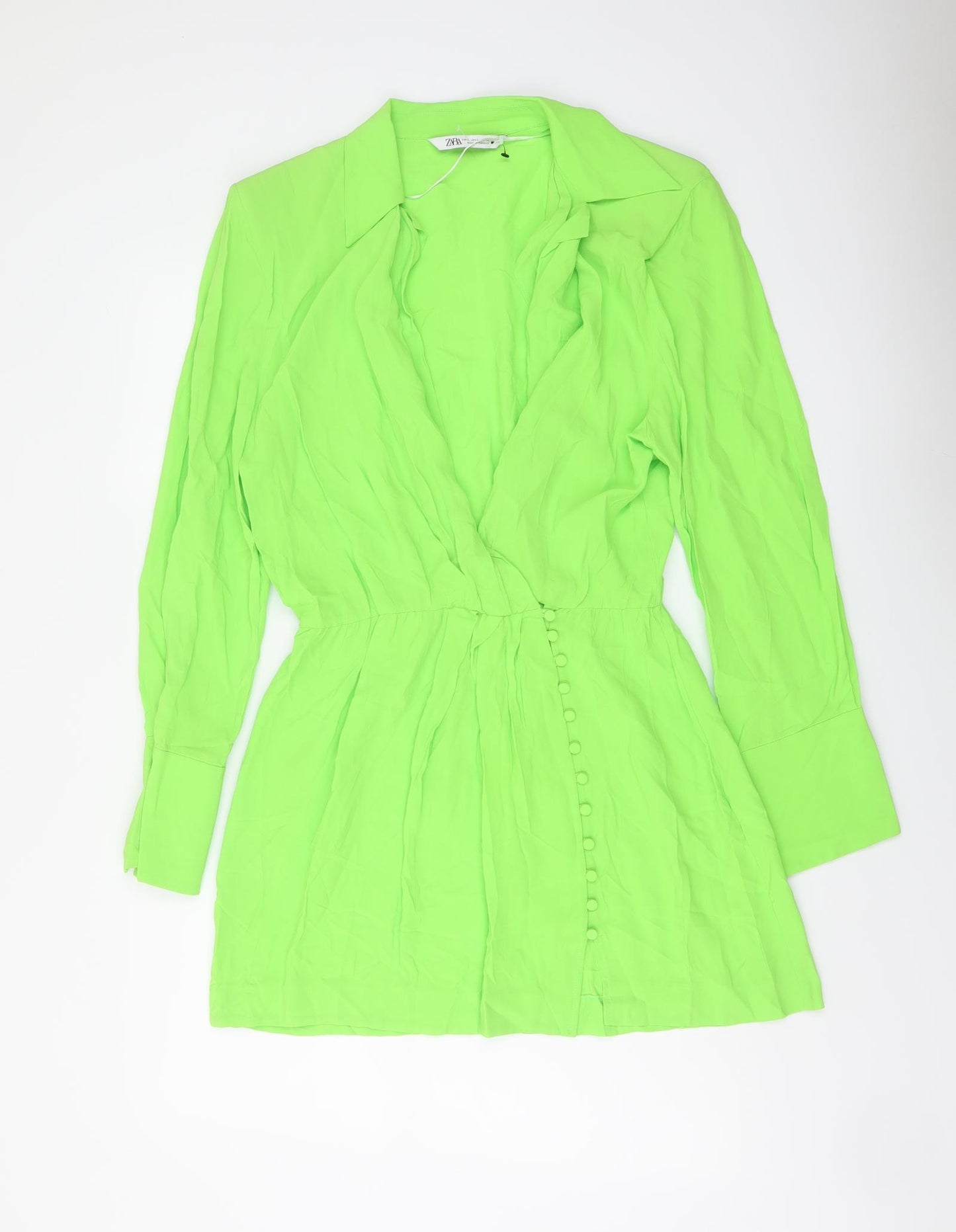 Zara Womens Green Viscose Jacket Dress Size L V-Neck Button