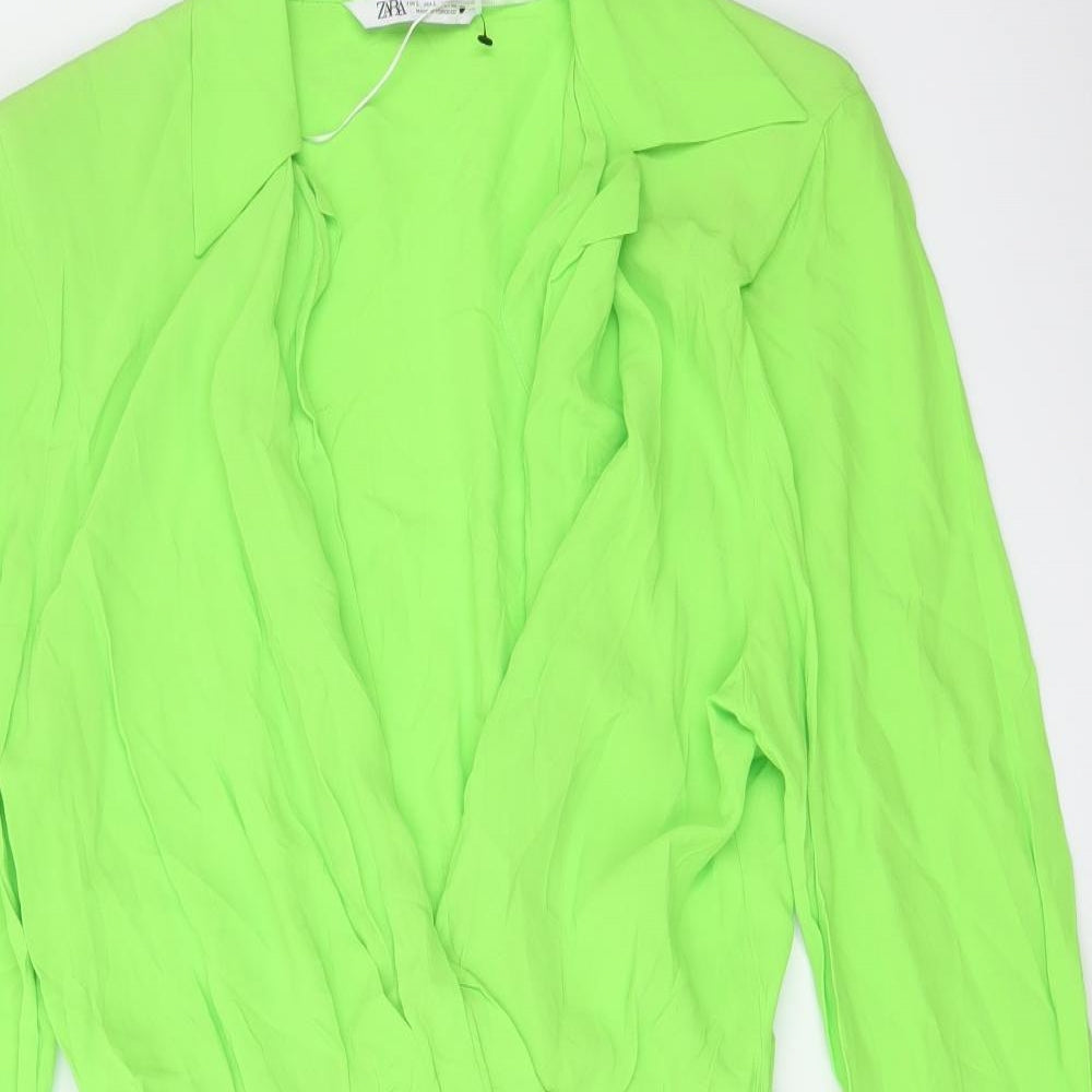 Zara Womens Green Viscose Jacket Dress Size L V-Neck Button