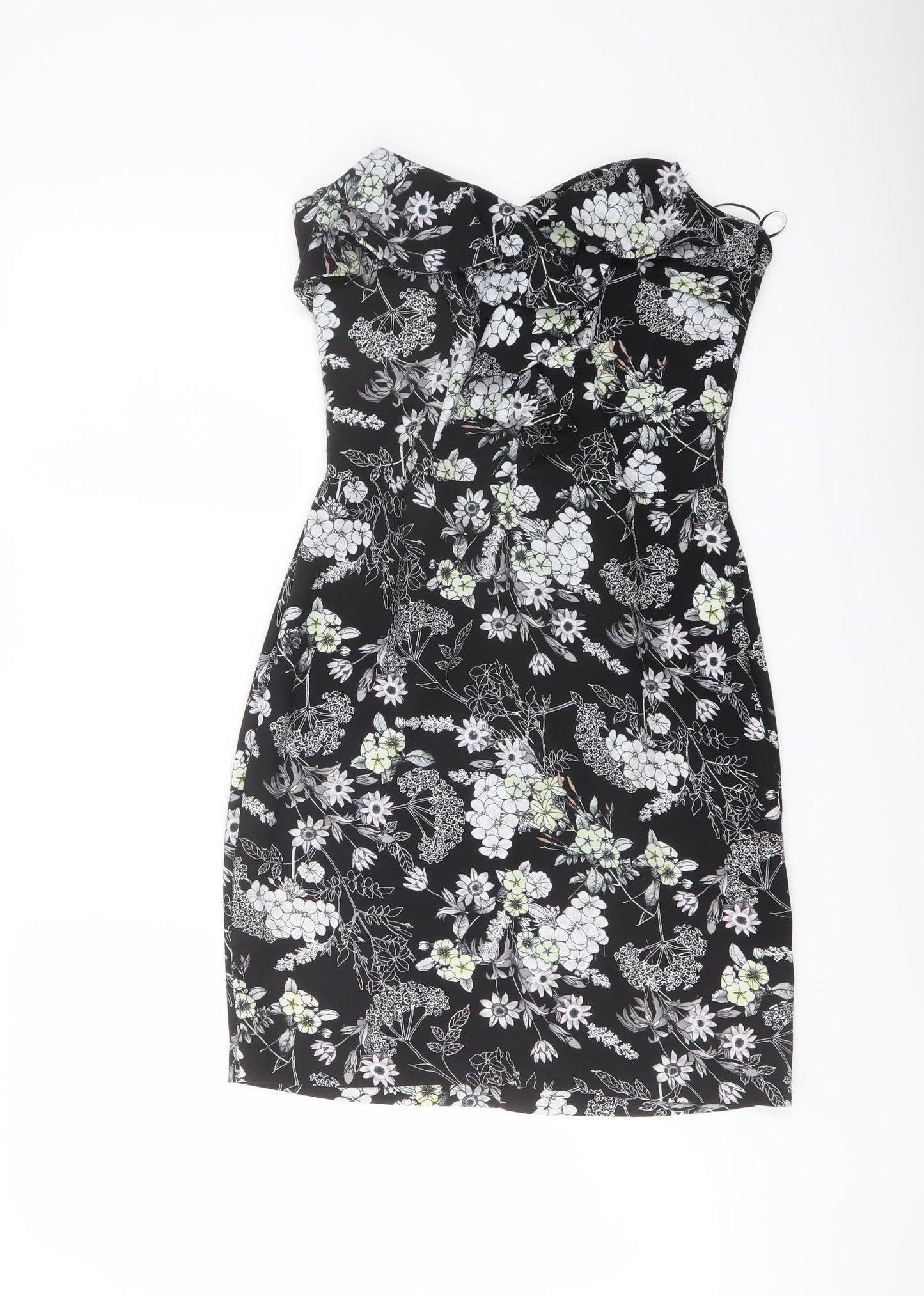 Miss Selfridge Womens Black Floral Polyester Mini Size 10 Sweetheart Zip