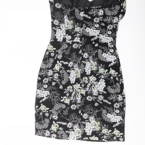 Miss Selfridge Womens Black Floral Polyester Mini Size 10 Sweetheart Zip