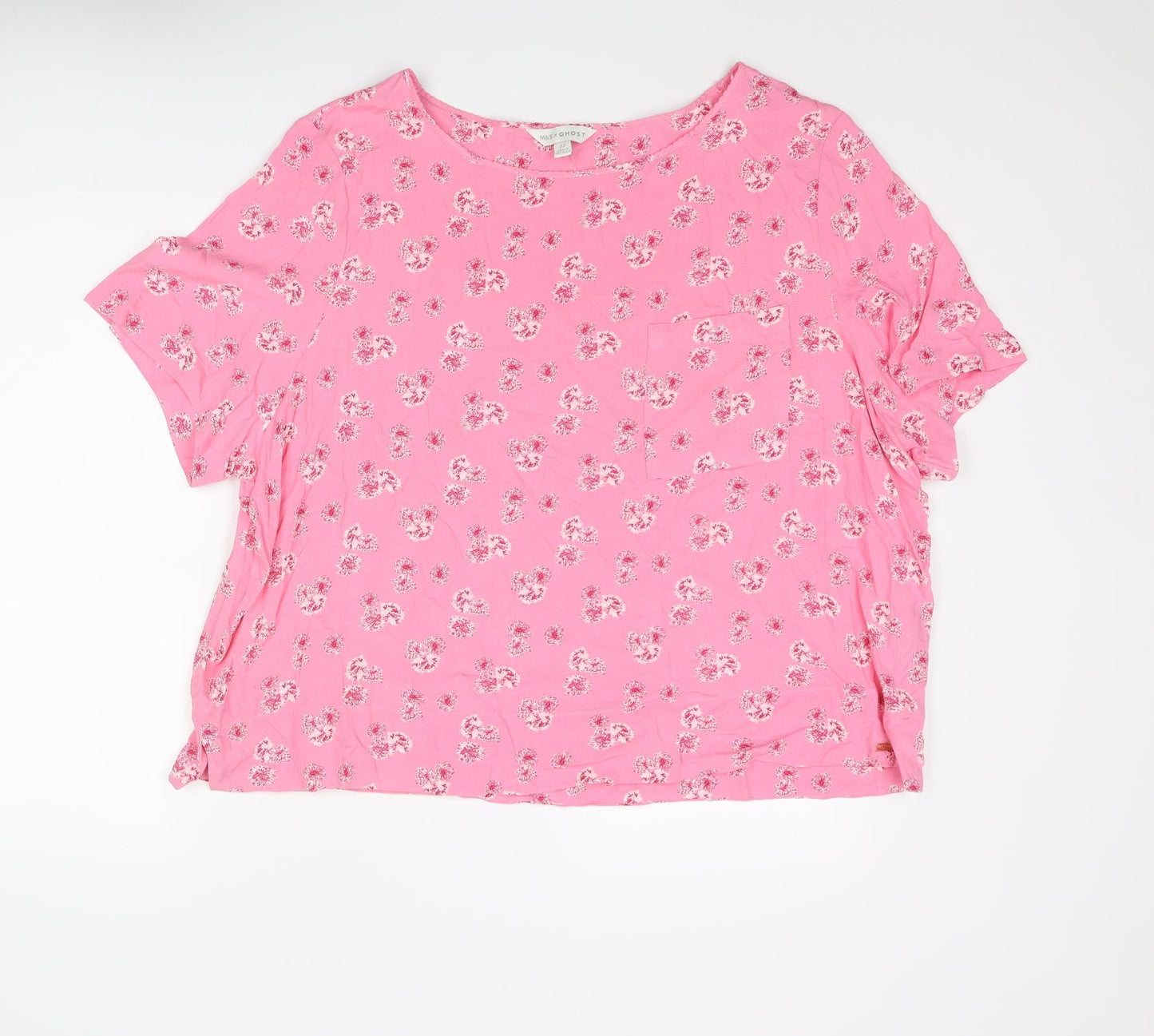 Marks and Spencer Womens Pink Floral Viscose Basic T-Shirt Size 22 Round Neck