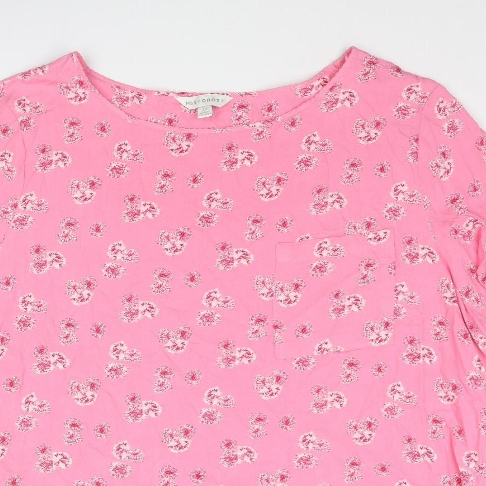 Marks and Spencer Womens Pink Floral Viscose Basic T-Shirt Size 22 Round Neck