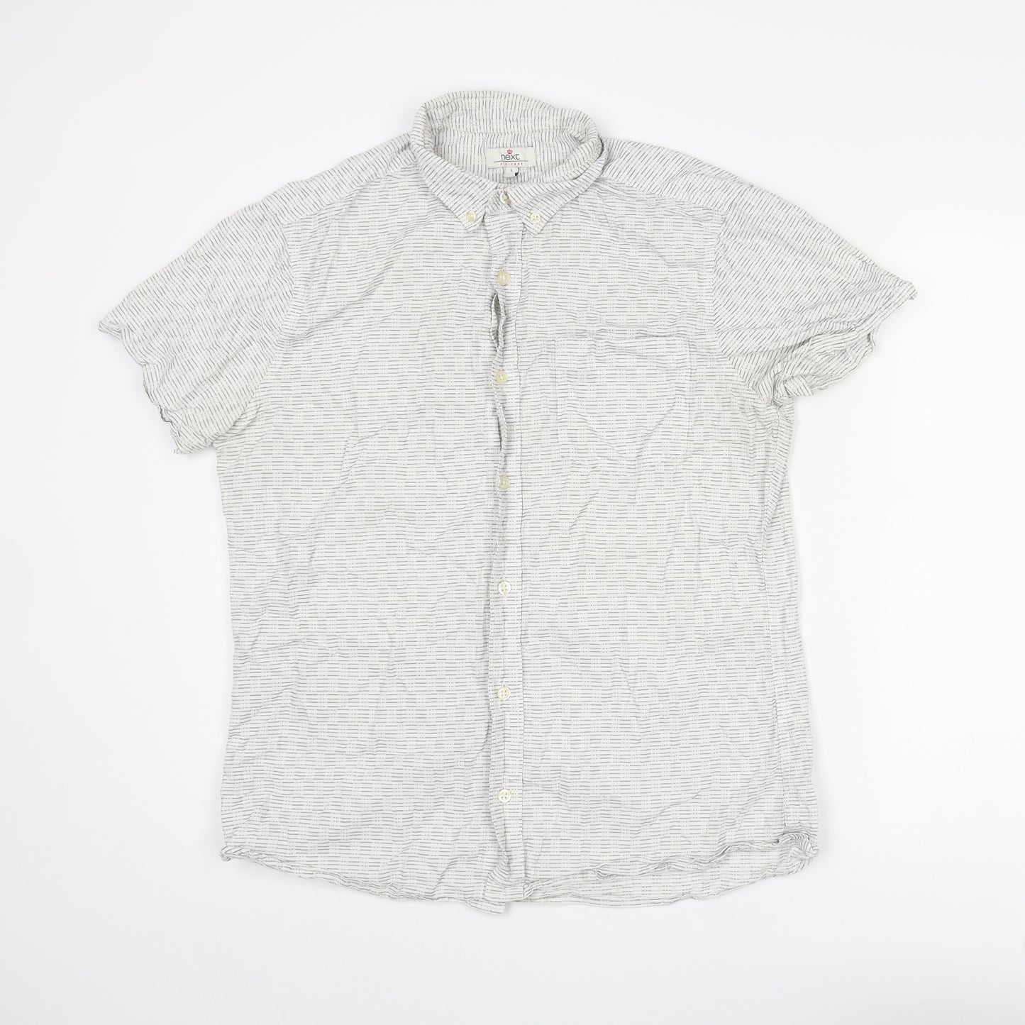 NEXT Mens White Striped Cotton Button-Up Size L Collared Button