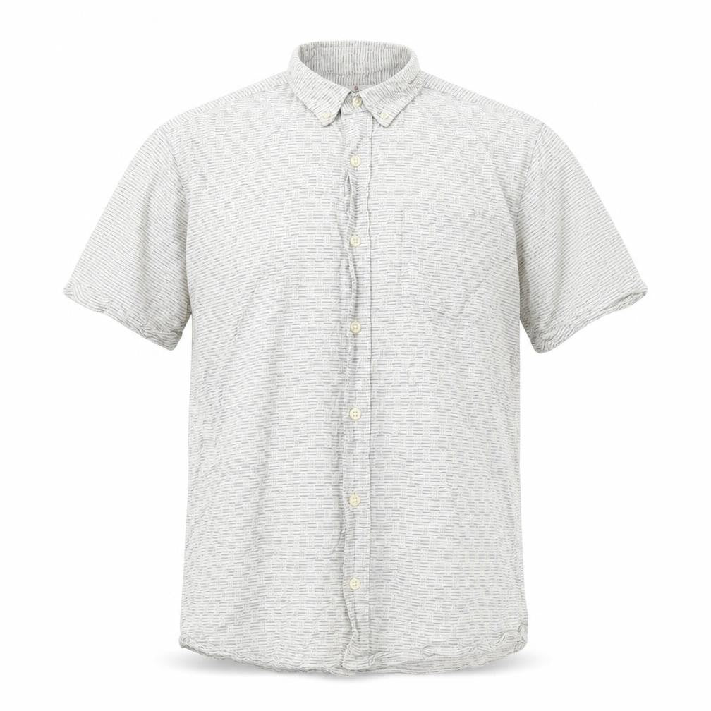 Front view of Next men’s white striped cotton button-up, size L, collared button