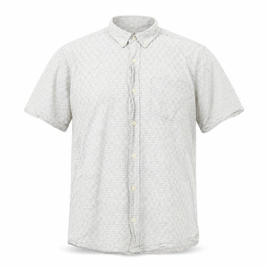 Front view of Next men’s white striped cotton button-up, size L, collared button