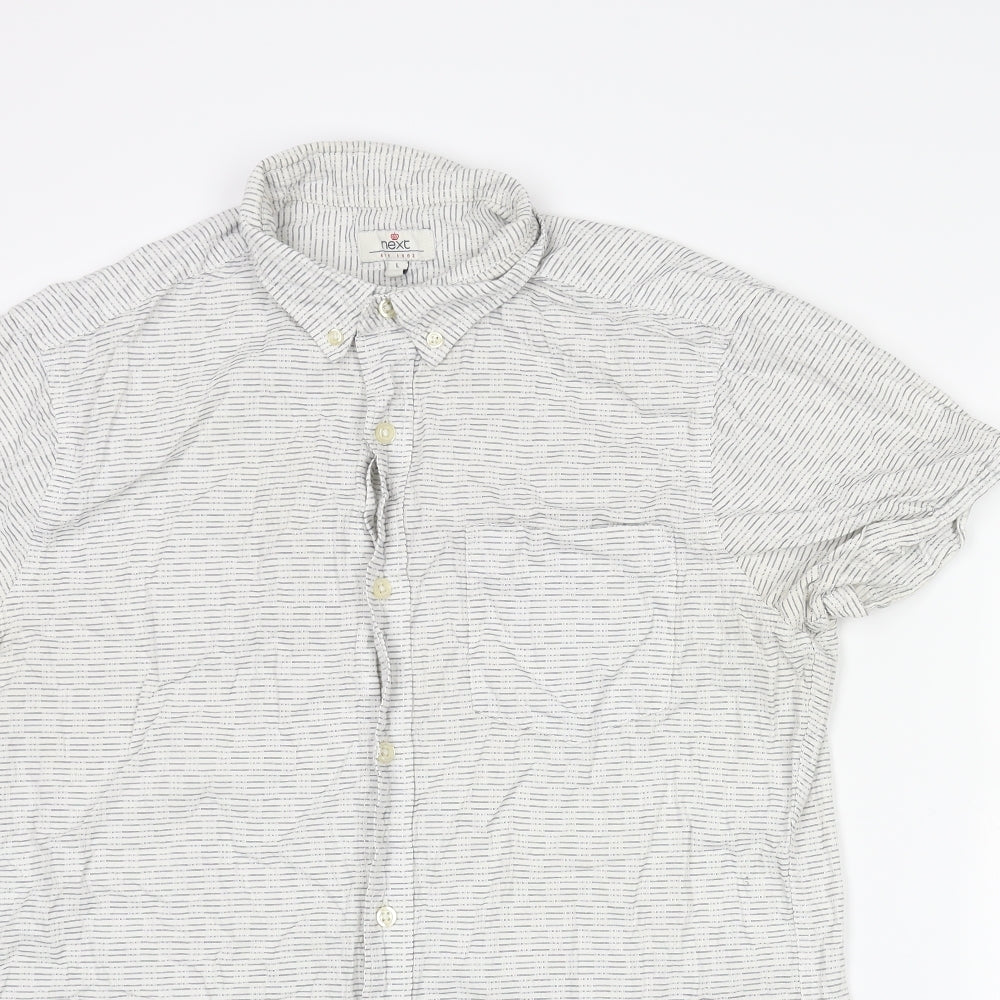 NEXT Mens White Striped Cotton Button-Up Size L Collared Button