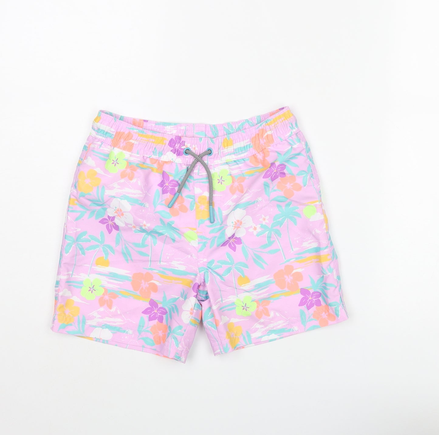 Marks and Spencer Boys Multicoloured Geometric Polyester Sweat Shorts Size 7-8 Years Regular Drawstring - Palm Tree Flower Swim Shorts