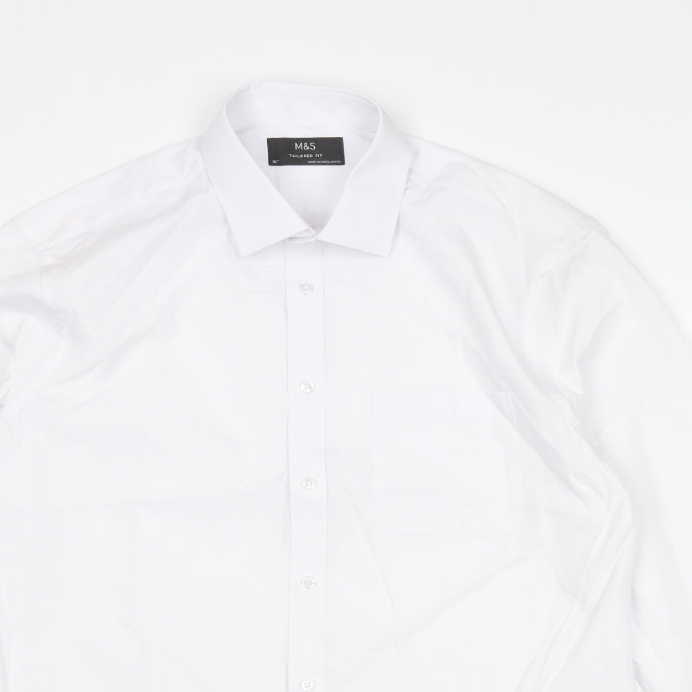 Marks and Spencer Mens White Cotton Button-Up Size 16 Collared Button