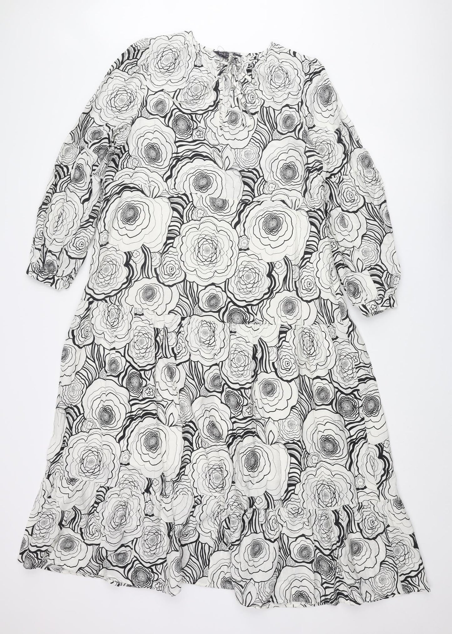Marks and Spencer Womens White Floral Viscose A-Line Size 10 V-Neck Tie