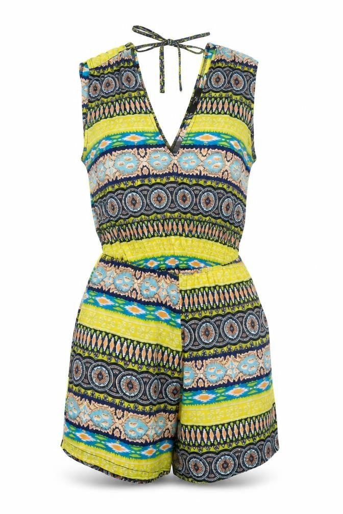 Front view of AX Paris women’s multicoloured geometric polyester playsuit one-piece, size UK 8, tie