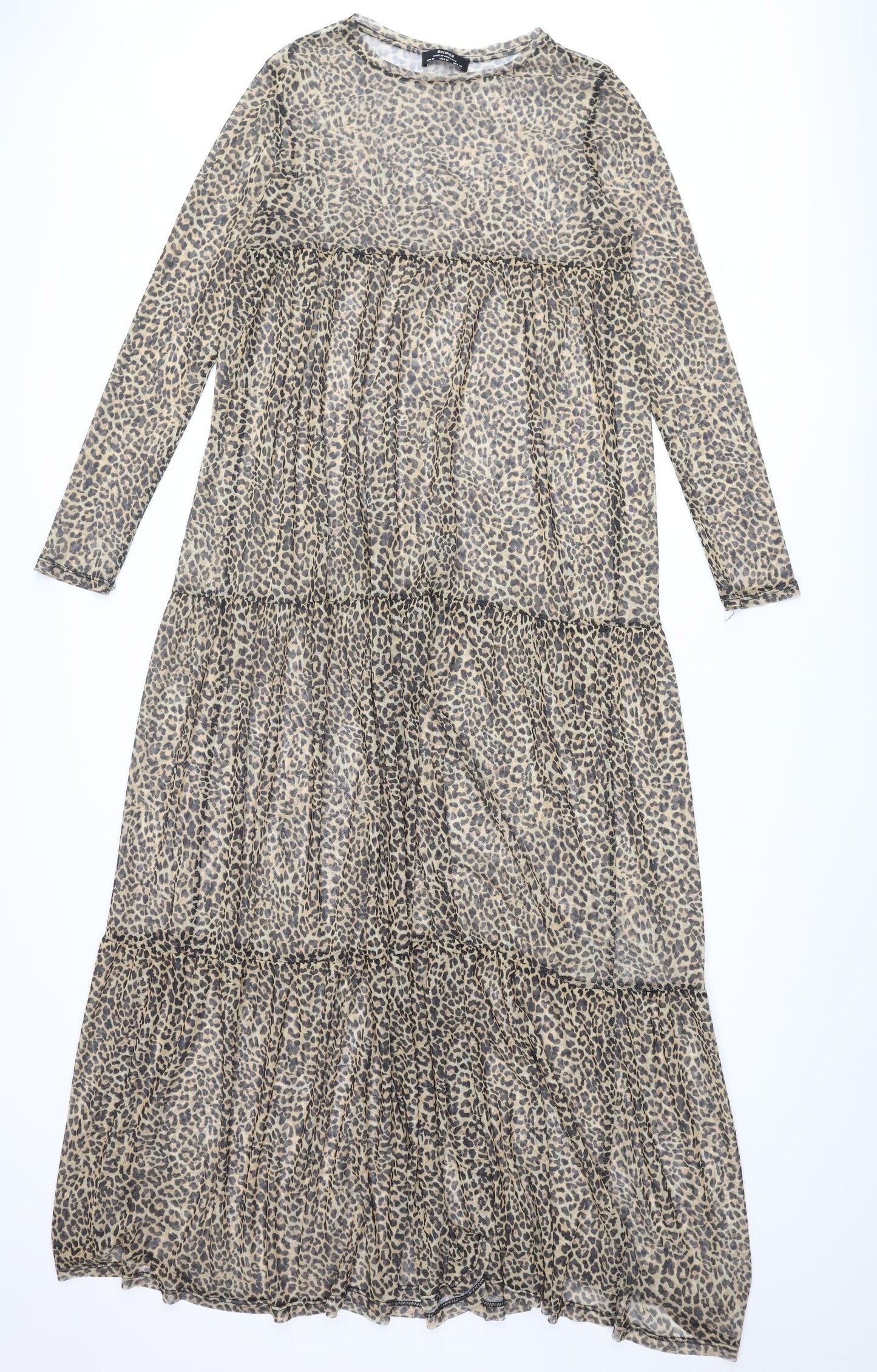 Bershka Womens Brown Animal Print Polyester Maxi Size M Round Neck Pullover - Leopard Print Smocked Semi Sheer