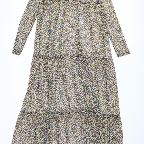 Bershka Womens Brown Animal Print Polyester Maxi Size M Round Neck Pullover - Leopard Print Smocked Semi Sheer