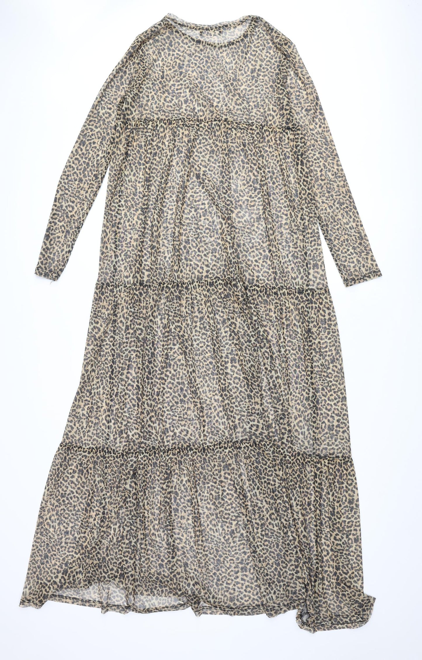 Bershka Womens Brown Animal Print Polyester Maxi Size M Round Neck Pullover - Leopard Print Smocked Semi Sheer