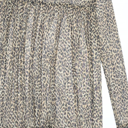 Bershka Womens Brown Animal Print Polyester Maxi Size M Round Neck Pullover - Leopard Print Smocked Semi Sheer