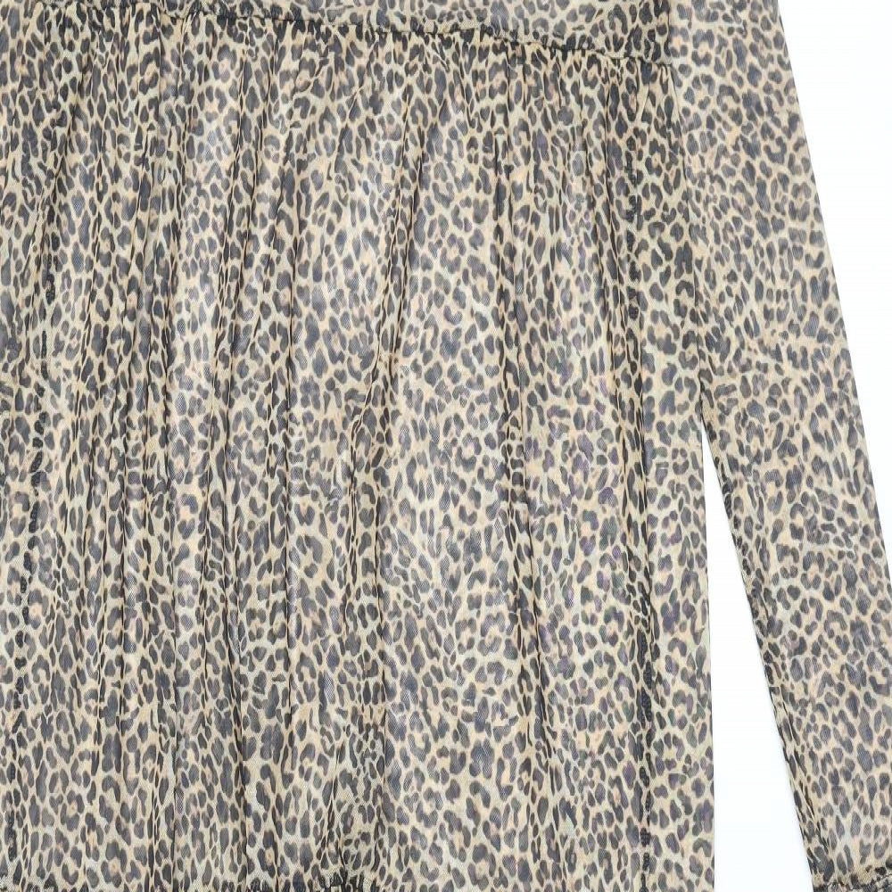Bershka Womens Brown Animal Print Polyester Maxi Size M Round Neck Pullover - Leopard Print Smocked Semi Sheer