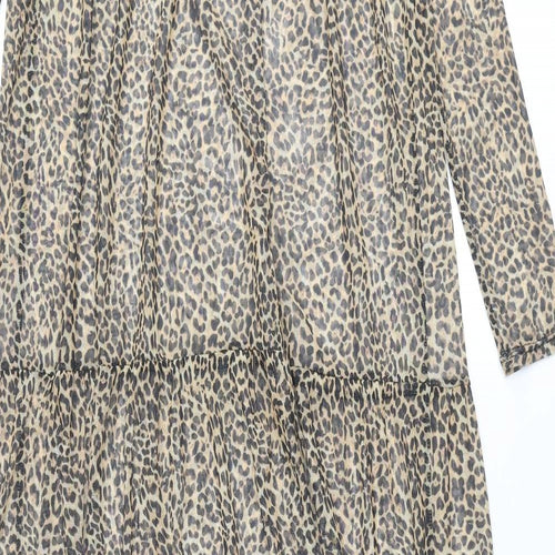 Bershka Womens Brown Animal Print Polyester Maxi Size M Round Neck Pullover - Leopard Print Smocked Semi Sheer