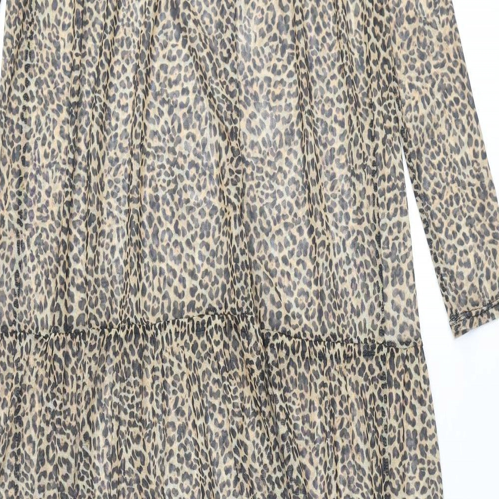 Bershka Womens Brown Animal Print Polyester Maxi Size M Round Neck Pullover - Leopard Print Smocked Semi Sheer