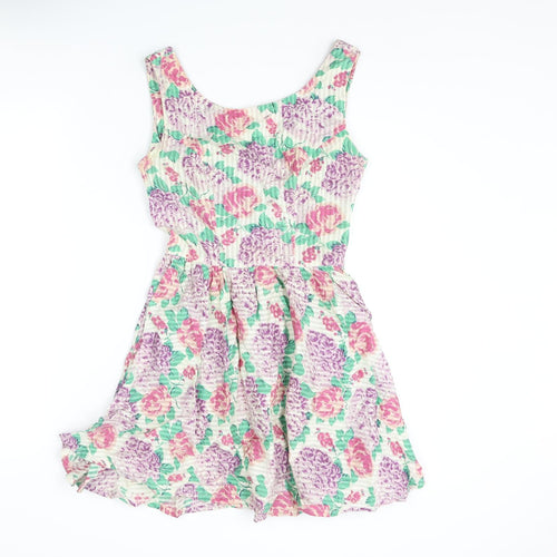 Topshop Womens Multicoloured Floral Cotton Mini Size 6 Scoop Neck Zip - Bow