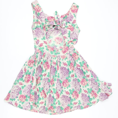 Topshop Womens Multicoloured Floral Cotton Mini Size 6 Scoop Neck Zip - Bow