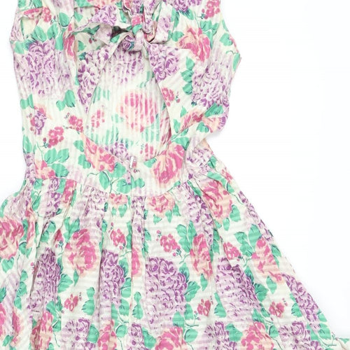 Topshop Womens Multicoloured Floral Cotton Mini Size 6 Scoop Neck Zip - Bow