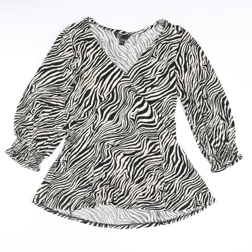 Friends Like These Womens Beige Animal Print Viscose Basic Blouse Size 8 V-Neck - Tiger Print Peplum