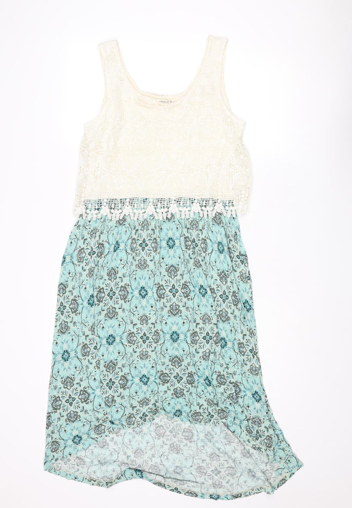 Indigo Womens Multicoloured Polyester Tank Dress Size 12 Scoop Neck Pullover - Lace Bodice