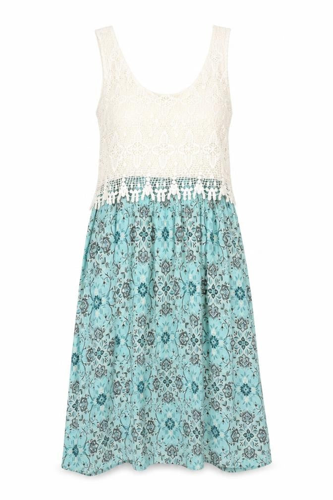 Front view of Indigo women’s multicoloured polyester tank dress, size UK 12, scoop neck pullover - lace bodice