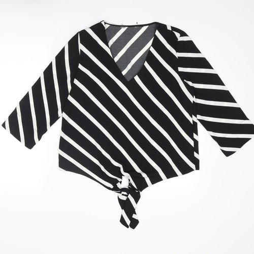 Dorothy Perkins Womens Black Striped Polyester Basic Blouse Size 12 V-Neck - Tie