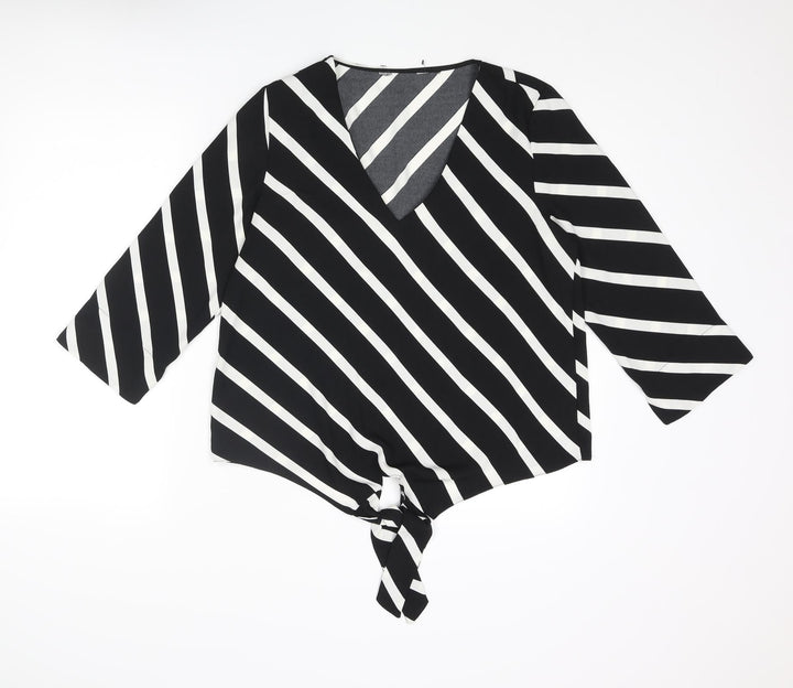 Dorothy Perkins Womens Black Striped Polyester Basic Blouse Size 12 V-Neck - Tie