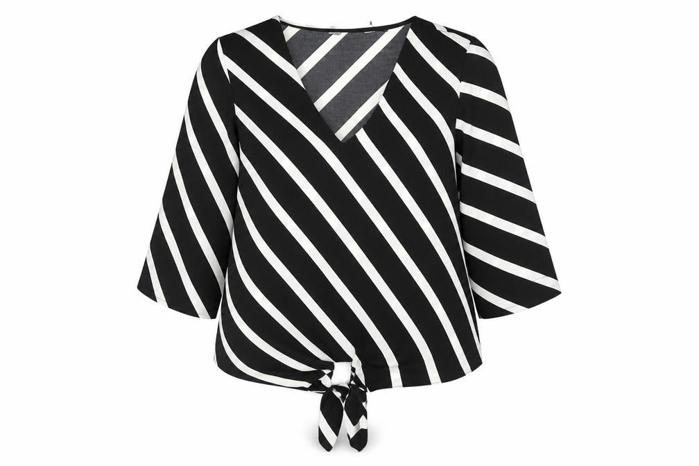 Front view of Dorothy Perkins women’s black striped polyester basic blouse, size UK 12, v-neck - tie