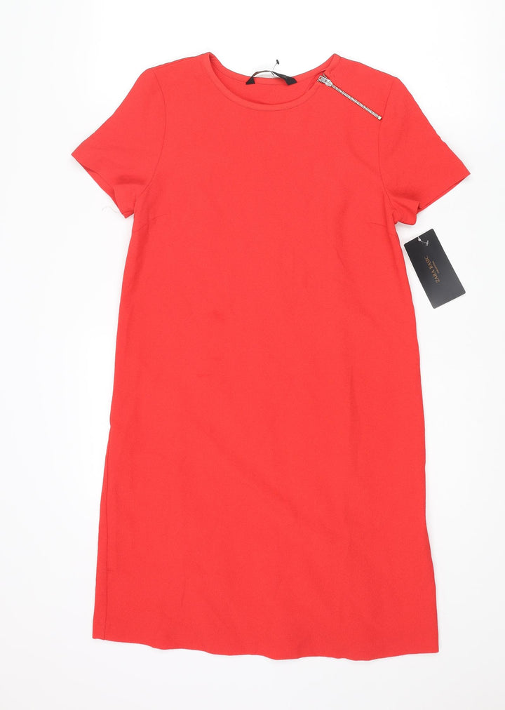Zara Womens Red Polyester Shift Size XS Round Neck Zip - Pleated