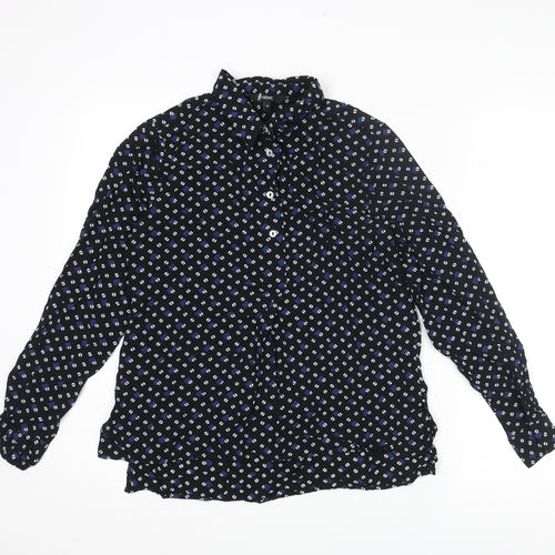 NEXT Womens Black Geometric Viscose Basic Button-Up Size 10 Collared