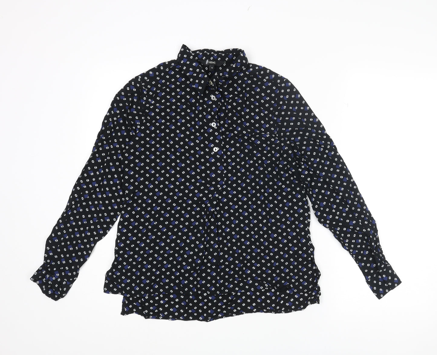 NEXT Womens Black Geometric Viscose Basic Button-Up Size 10 Collared