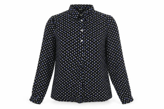 Front view of Next women’s black geometric viscose basic button-up, size UK 10, collared