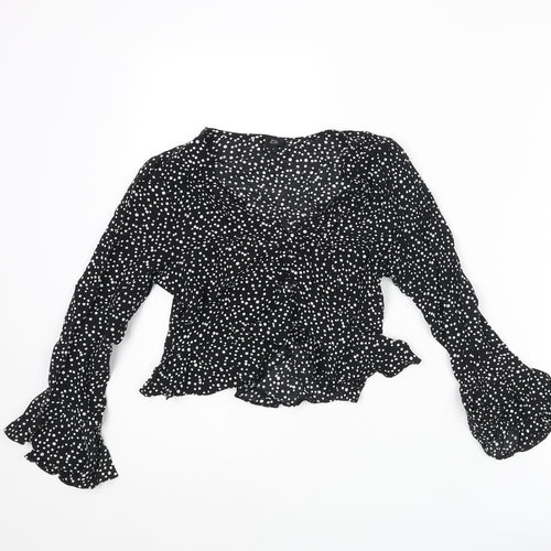 River Island Womens Black Polka Dot Viscose Cropped Blouse Size 8 V-Neck - Frill