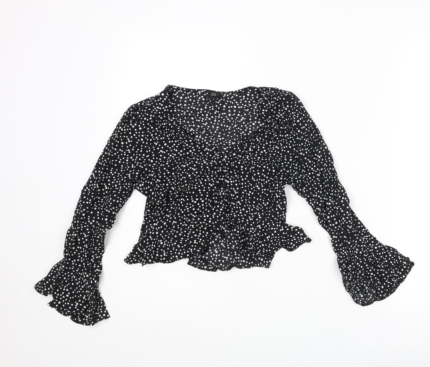 River Island Womens Black Polka Dot Viscose Cropped Blouse Size 8 V-Neck - Frill