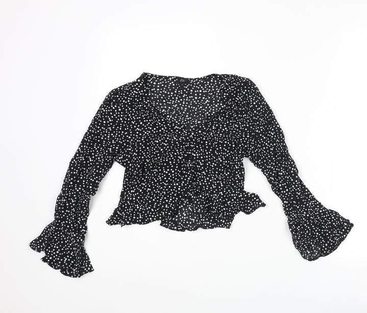 River Island Womens Black Polka Dot Viscose Cropped Blouse Size 8 V-Neck - Frill