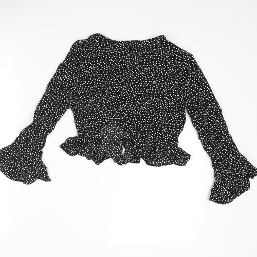 River Island Womens Black Polka Dot Viscose Cropped Blouse Size 8 V-Neck - Frill