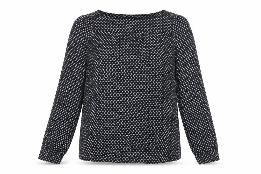 Front view of Hartford women’s blue geometric viscose basic blouse, size UK 12, boat neck