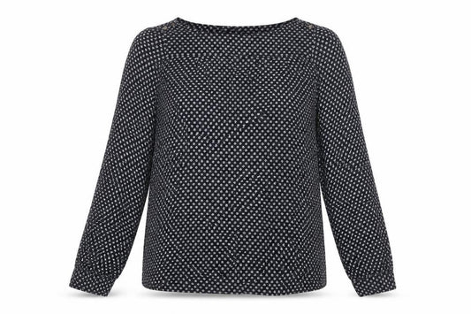 Front view of Hartford women’s blue geometric viscose basic blouse, size UK 12, boat neck