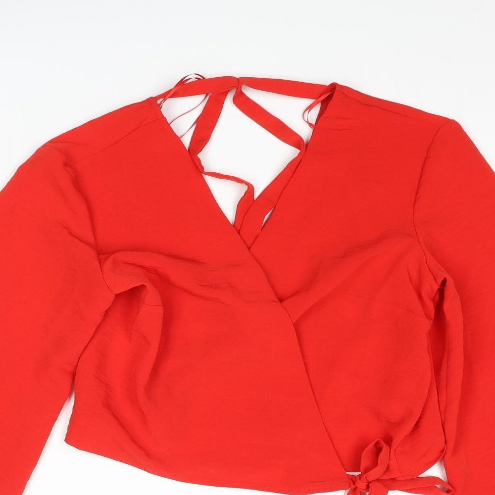 River Island Womens Red Polyester Basic Blouse Size 8 V-Neck - Bow