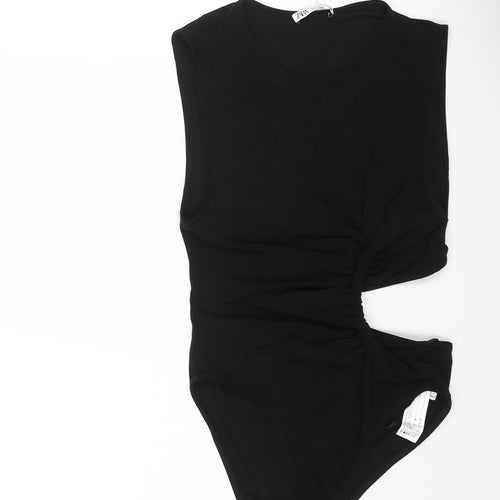 Zara Womens Black Polyester Bodysuit One-Piece Size M Snap - Rouched Cut Out